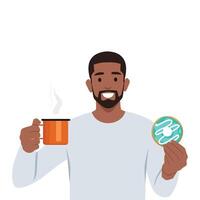 Man with cup of coffee and donut. Snack time, tea break. vector