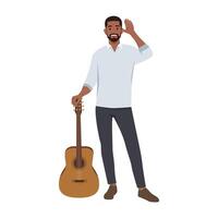 Standing bearded man smiling while holding and playing acoustic guitar. vector