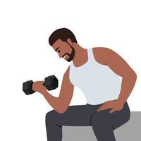 Young man doing Dumbbell concentration curl. vector