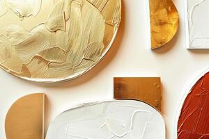 An exquisite composition of abstract shapes in oil paint, featuring vibrant golds and deep textures on a stark white background, perfect for modern home decor and artistic settings. photo