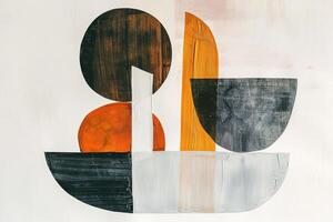 Striking abstract painting with geometric shapes in blend of black, white, orange, and grey on textured white background. Ideal for modern interiors seeking touch of elegance and style. photo