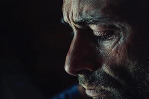 Close-up portrait of a man in a dark room, capturing deep emotions with visible stress lines and a contemplative gaze, highlighting themes of loneliness and introspection. Depression. photo