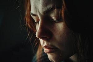 intensamente emocional retrato de un mujer en desesperación, su cara parcialmente oscurecido por oscuridad, capturar un momento de profundo tristeza y vulnerabilidad en un oscuro, atmosférico ajuste. foto