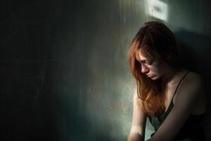Young woman lost in thought, her somber expression highlighted against dark backdrop, emphasizing a deep sense of melancholy and introspection. Problems with mental health. Copy space. photo