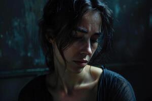 Intensely emotional portrait of a woman in despair, her face partly obscured by shadows, capturing a moment of profound sadness and vulnerability in a dark, atmospheric setting. photo