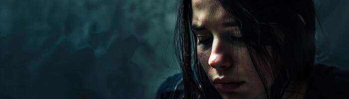 Young woman lost in thought, her somber expression highlighted against dark backdrop, emphasizing a deep sense of melancholy and introspection. Problems with mental health. Copy space. photo