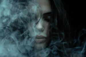 A haunting close-up of a woman enveloped in dark smoke, her expression lost in deep melancholy, reflecting the profound depths of depression in a dramatically lit, somber scene photo