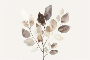 Graceful botanical watercolor artwork featuring a delicate branch with leaves in shades of grey, white, and brown, perfectly blending sophistication with natural elements. photo