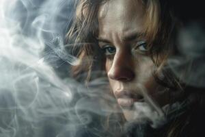 A haunting close-up of a woman enveloped in dark smoke, her expression lost in deep melancholy, reflecting the profound depths of depression in a dramatically lit, somber scene. photo