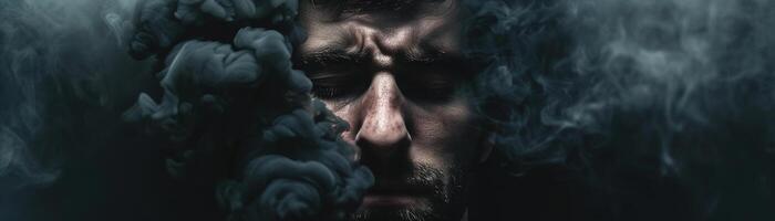 Man in dark smoke, his face etched with profound sorrow. Moody, atmospheric lighting enhances intense emotional depth, ideal for themes related to mental health and internal struggle. photo