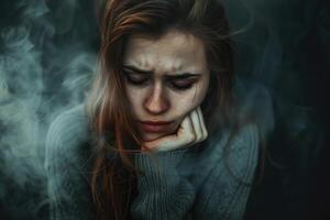 A haunting close-up of a woman enveloped in dark smoke, her expression lost in deep melancholy, reflecting the profound depths of depression in a dramatically lit, somber scene. photo