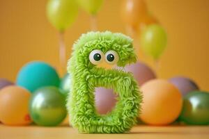 Vibrant, green and fluffy number six with blurred balloons on the background. Playful symbol 6. Invitation for sixth birthday celebration. Children, kids party. Greeting card design. photo