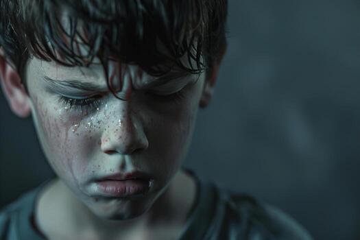 Sad little boy in tears, his face lit by a dim, atmospheric light that highlights the profound sadness in his eyes. Emotional depth and vulnerability of childhood. Mental health photo