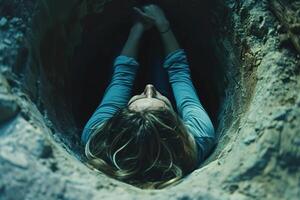A captivating and symbolic image showing a woman sitting in a deep, dark hole, representing despair and isolation, with her face upwards in a dramatic plea for help. photo