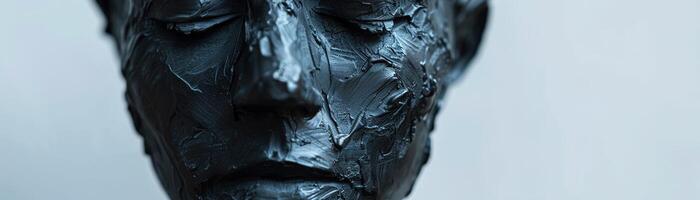 Banner with textured black sculpture depicting a man's sad face, with dramatic shadows and ample copy space to the right for meaningful text. Depression, problems with mental health. photo