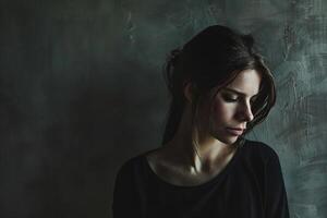 Intensely emotional portrait of a woman in despair, her face partly obscured by shadows, capturing a moment of profound sadness and vulnerability in a dark setting. photo