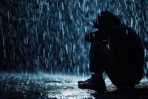 Solitary man crouched under the rain, shrouded in darkness, his head bowed in deep contemplation, evoking sense of depression, isolation. Problems with mental health, suicidal thoughts. photo
