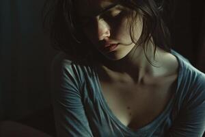 Intensely emotional portrait of a woman in despair, her face partly obscured by shadows, capturing a moment of profound sadness and vulnerability in a dark, atmospheric setting. photo