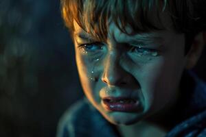 Sad little boy in tears, his face lit by a dim, atmospheric light that highlights the profound sadness in his eyes. Emotional depth and vulnerability of childhood. Mental health. photo