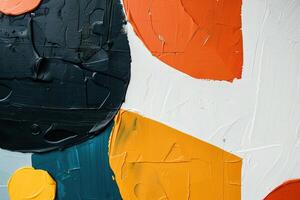 Close-up of a textured abstract painting with bold, tactile strokes and a vivid palette of black, orange, white, and teal. Ideal for adding a dynamic, artistic touch to modern decor. photo