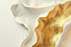 Elegant abstract art featuring flowing forms in white and gold, creating luxurious, serene aesthetic. The rich texture and delicate layering provide depth ideal for sophisticated decor. photo