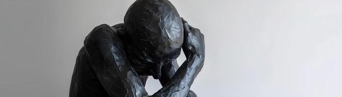 Panoramic image showcasing a detailed black sculpture of a man deeply engrossed in sorrow, cradling his head in his hands. The ample copy space to the right enhances the somber mood. photo