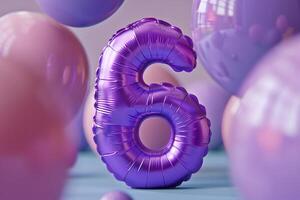 Vibrant, purple and glossy number six with blurred balloons on the background. Playful symbol 6. Invitation for sixth birthday celebration. Children, kids party. Greeting card design. photo