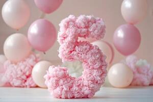 Whimsical and charming, fluffy pink number 5 surrounded by delicate balloons in soft pastel tones, creating enchanting backdrop perfect for celebrations. Birthday and special occasion. photo