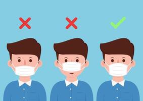 Men showing how to wearing protective mask correctly. Face mask . vector
