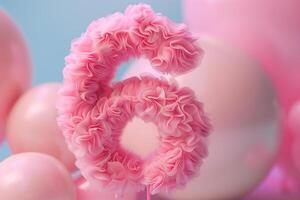 Pink, girlish and fluffy number six with blurred balloons on the background. Playful symbol 6. Invitation for sixth birthday celebration. Children, kids party. Greeting card design. photo