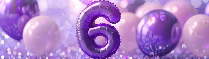 Vibrant, purple and glossy number six with blurred balloons on the background. Playful symbol 6. Invitation for sixth birthday celebration. Children, kids party. Greeting card. Banner. photo
