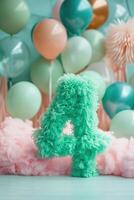 Fluffy number 9 in vibrant purple surrounded by soft pastel balloons, perfect for celebrations and thematic decorations that require a touch of whimsy and color. 9 Years Old. photo
