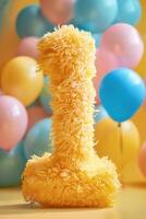 Captivating image featuring fluffy number 1 in bright yellow, set against a backdrop of colorful balloons in pink, blue and yellow, perfect for joyful celebrations, festive decorations. photo