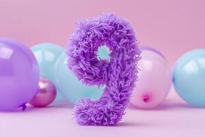 Fluffy number 9 in vibrant purple surrounded by soft pastel balloons, perfect for celebrations and thematic decorations that require a touch of whimsy and color. 9 Years Old. photo