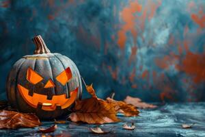 Dark Halloween background with empty space, perfect for spooky seasonal promotions. Pumpkin, Jack O'Lantern. Copy space for text. Happy Halloween. Mystical backdrop. photo