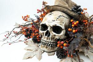 Weathered skull adorned with a rustic hat, surrounded by vibrant autumn berries, pinecones, and leaves, perfect for seasonal and spooky themes. photo