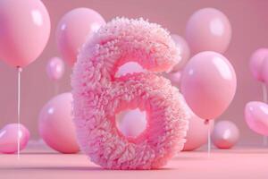 Pink, girlish and fluffy number six with blurred balloons on the background. Playful symbol 6. Invitation for sixth birthday celebration. Children, kids party. Greeting card design. photo