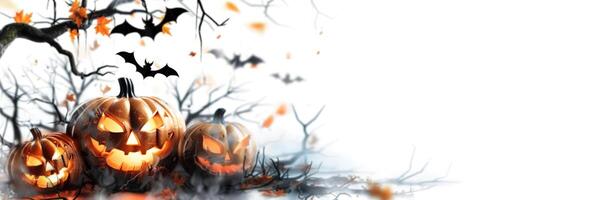Eerie Halloween banner with glowing jack-o'-lanterns, flying bats, and scattered leaves against a mystical white backdrop, offering ample copy space for your spooky message. photo