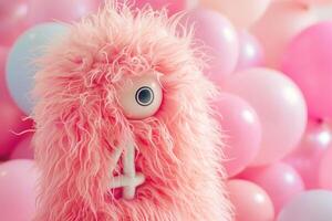 Pink, fluffy monster with number four, blurred balloons on the background. Playful symbol 4. Invitation for fourth birthday celebration. Children, kids party. Greeting card design. photo