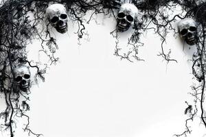 Haunting Halloween header featuring grimacing skulls amidst tangled, dark branches on a stark white background, perfectly framing ample copy space for themed content. photo