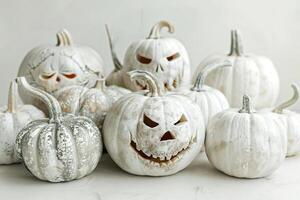 Haunting array of white Halloween pumpkins, each uniquely carved and distressed, sit against stark white background, perfect for spooky themes and festive decorations. Happy Halloween. photo