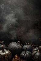 Dark Halloween background with empty space, perfect for spooky seasonal promotions. Pumpkin, Jack O'Lantern. Copy space for text. Happy Halloween. Mystical backdrop. Vertical format. photo