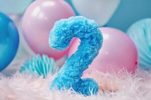 Blue and fluffy number two with blurred balloons on the background. Playful symbol 2. Invitation for second birthday celebration. Children, kids party. Greeting card design. photo