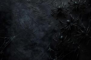Sinister Halloween backdrop of black spiders crawling across a textured dark surface with cobwebs, ideal for a spooky theme with ample copy space. Happy Halloween. Mystical background. photo
