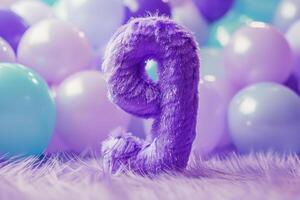 Fluffy number 9 in vibrant purple surrounded by soft pastel balloons, perfect for celebrations and thematic decorations that require a touch of whimsy and color. 9 Years Old. photo