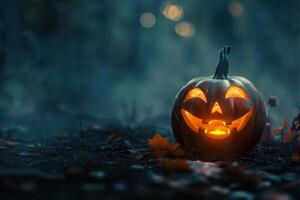Dark Halloween background with empty space, perfect for spooky seasonal promotions. Pumpkin, Jack O'Lantern. Copy space for text. Happy Halloween. Mystical backdrop. photo