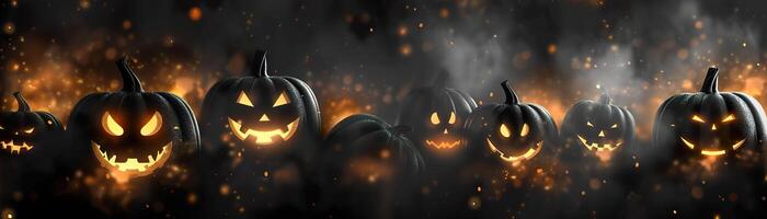 Dark Halloween background with empty space, perfect for spooky seasonal promotions. Pumpkin, Jack O'Lantern. Copy space for text. Happy Halloween. Mystical backdrop. Panoramic banner. photo