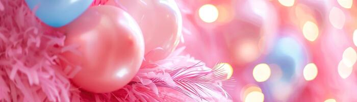 bandera con rosado mullido plumas y globos, ideal para festivo, romántico, o celebración temas, Proporcionar un suave y mágico fondo. Copiar espacio para texto. foto
