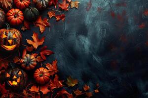 Dark Halloween background with empty space, perfect for spooky seasonal promotions. Pumpkin, Jack O'Lantern. Copy space for text. Happy Halloween. Mystical backdrop photo