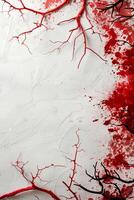 A striking vertical Halloween background featuring abstract red branches on a textured white surface, splattered with vivid red, offering ample copy space for haunting themes. photo